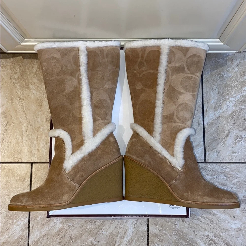 COACH Jordana Suede Shearling Trim Wedge Boots in Tan & Beige in Size 7 - Picture 5 of 15